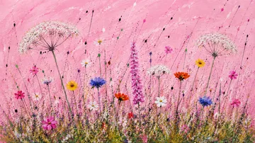 Wildblumen im gemalten rosa Feld.