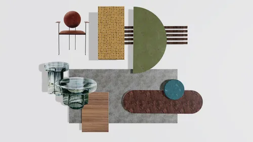 Eclectic furniture and decor arranged in abstract style.