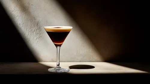 Cocktailglas wirft Schatten auf Tisch.