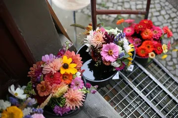 Blumensträuße in Töpfen auf Metallgitter.