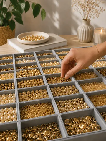 Hand selecting beads from organized jewelry box.