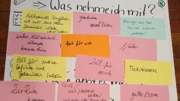 Bunte Notizen auf einem Brainstorming-Board.