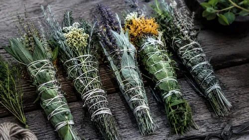 Herb bundles tied on rustic wooden table.