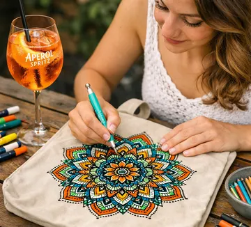 Frau bemalt Stofftasche mit Mandala, Getränk daneben.