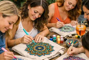 Frauen malen Mandala-Muster auf Stofftaschen.