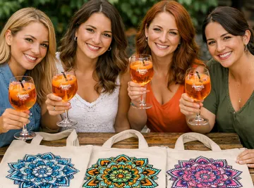 Four women smiling, holding orange drinks outdoors.