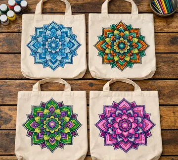 Four canvas bags with mandala designs on table.