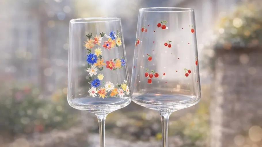 Gläser mit Blumen- und Kirschdesigns im Freien.