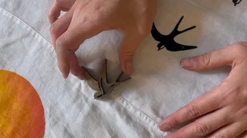 Hands arranging bird shape on fabric.