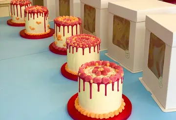 Cakes with pink icing next to boxes.