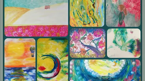Various colorful abstract and nature paintings