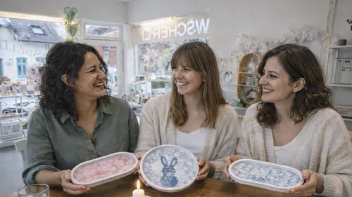 Three women smiling, holding decorated plates, indoors.