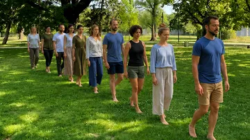 Menschen gehen barfuß auf Rasen im Park.