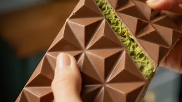 Schokoladentafel mit grüner Füllung, Hände halten.