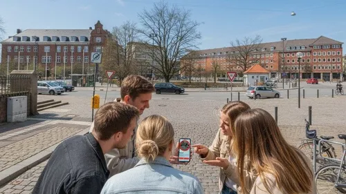 Fünf Personen betrachten ein Handy draußen.