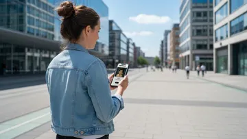 Frau benutzt Smartphone in Stadtstraße.