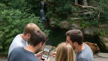 Vier Personen betrachten Telefon, Bär in der Nähe.