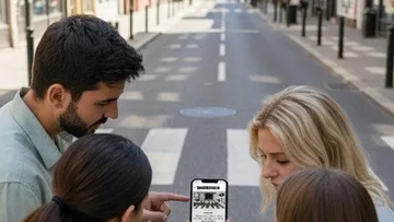 Gruppe betrachtet Handy auf Stadtstraße.