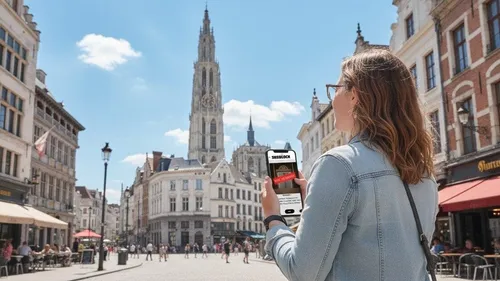 Frau benutzt Handy auf historischem Platz.