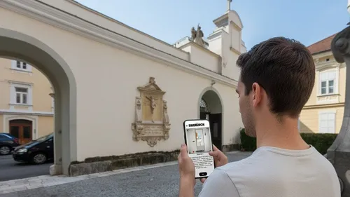 Man uses phone app outside historical building.