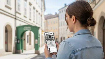 Frau nutzt Telefon in europäischer Straße.