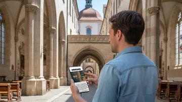 Man reading tablet in cathedral interior.