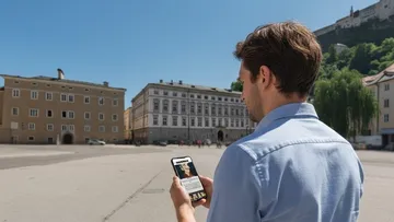 Mann benutzt Smartphone auf einem Stadtplatz.