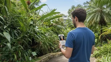 Man using phone in tropical garden.