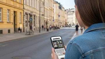 Person reading phone while walking on street.