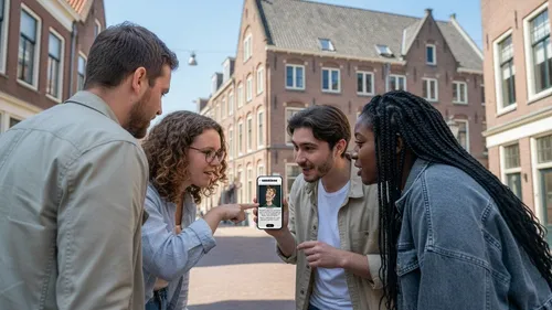 Vier Personen betrachten Smartphone im Freien.