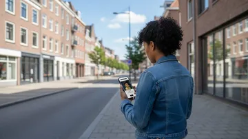 Person nutzt Handy auf leerer Straße.