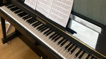 Piano with sheet music on stand.