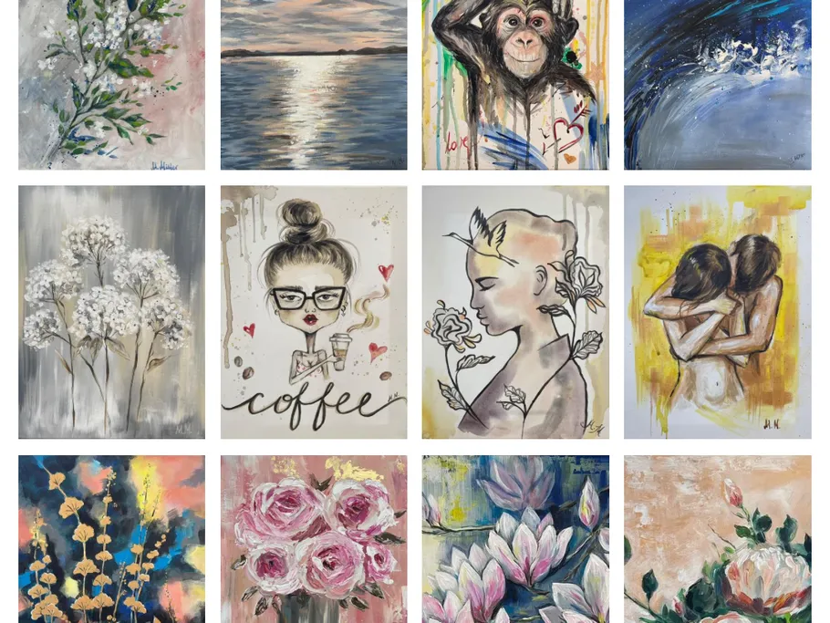 Works of art show various motifs arranged in a grid.