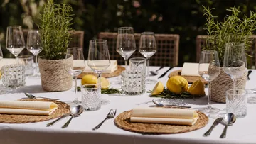 Elegant table setting with lemons, glasses, and plants.