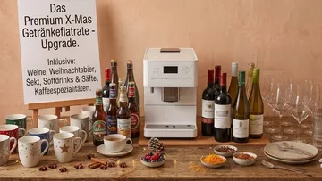 Beverage display with sign and drinks.