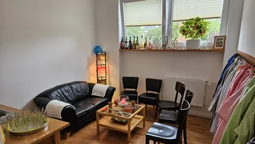 Living room with sofa, chairs, and windowsill plants.