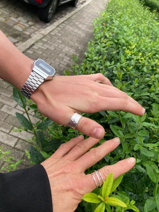 Zwei Hände mit Ringen berühren grünen Busch.