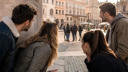 Gruppe schaut um Ecke auf Stadtplatz.