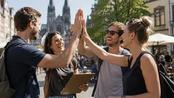 Gruppe macht High-Five draußen, Kathedrale im Hintergrund.