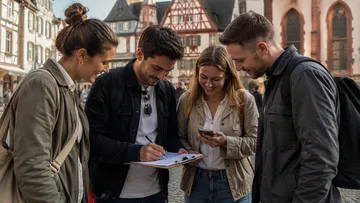 Vier Personen überprüfen Dokumente im Freien.