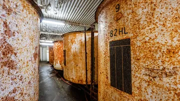 Rostige Tanks mit Nummern in industrieller Umgebung.