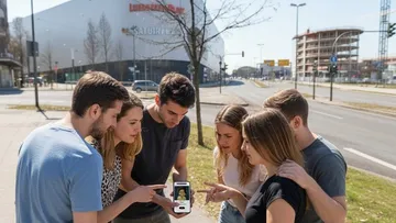 Gruppe betrachtet Smartphone in städtischer Umgebung.