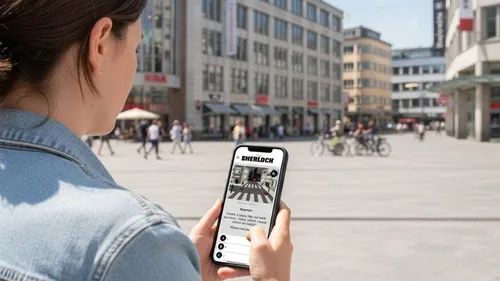 Person holding a smartphone in a city square.