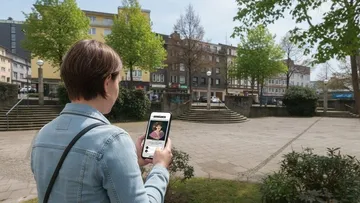 Person benutzt Smartphone in leerem Stadtpark.