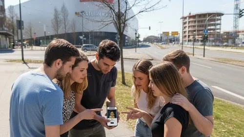 Gruppe betrachtet Smartphone auf Stadtstraße.