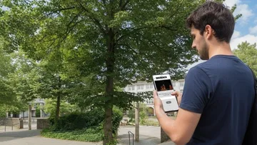 Mann liest Smartphone im Park.