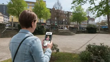 Frau benutzt Smartphone im Park draußen.