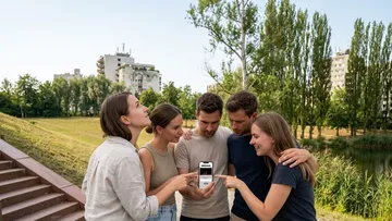 Five people looking at a phone outdoors.