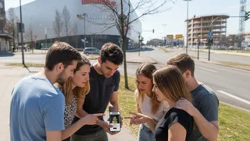 Group looks at smartphone outside Saturn store.