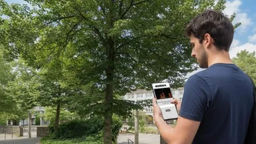 Man checks phone while standing in park.
